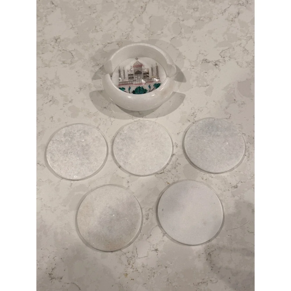 Rare Handmade White Marble Taj Mahal Indian Mother Of Pearl‎ Coaster Set of 6